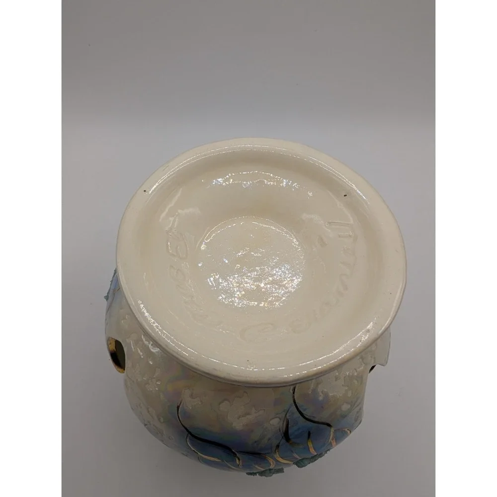 Iridescent Ceramic Tealight Candle Holder Blue Floral Rhinestone Pedestal Decor